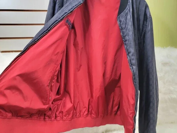 Men’s Gucci Logo GG nylon Reversible Bomber Jacket Navy Red SZ 52. LAYAWAY !!!